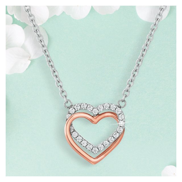 9ct Rose Gold & Silver Cubic Zirconia Linked Heart Necklace