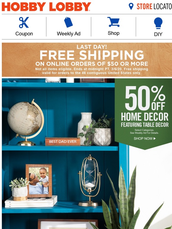 Hobby lobby free shipping ends at midnight milled