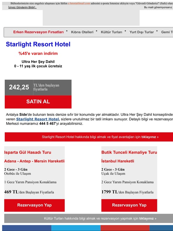 %45 indirim Starlight Resort Hotel Side'de... Bu fırsatı kaçırmayın!