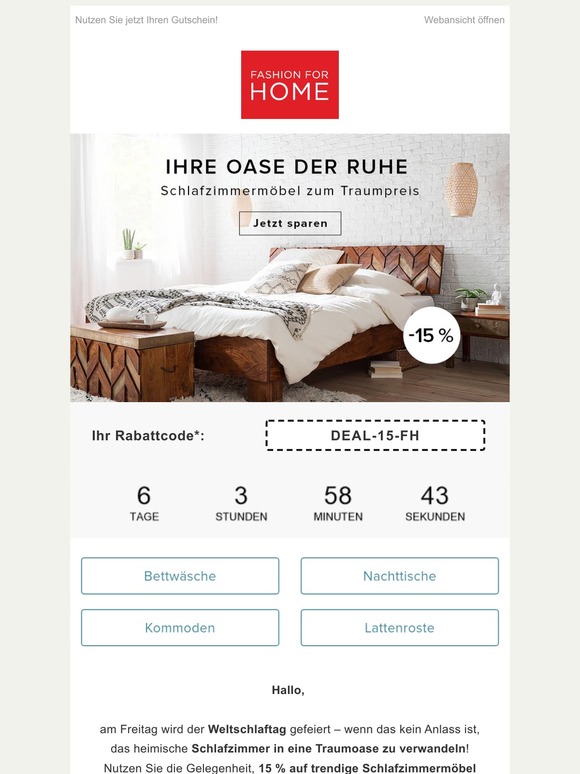 -15 % auf Schlafzimmermöbel & Lampen