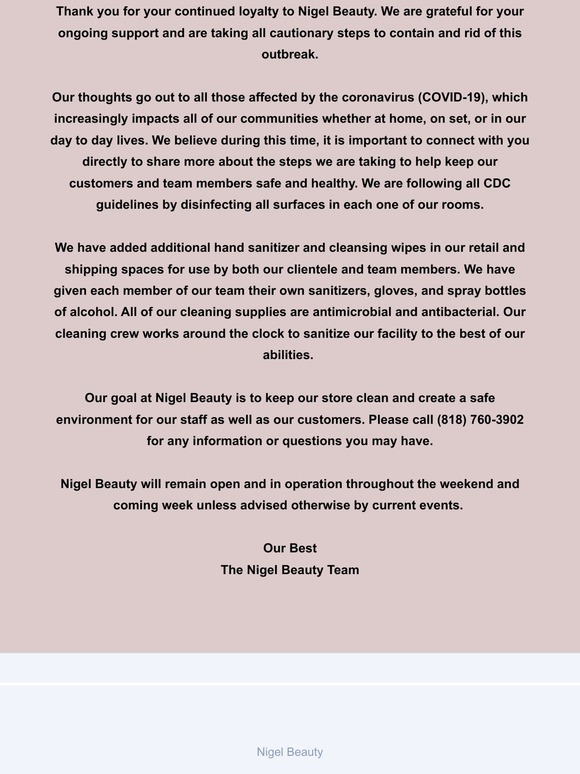 An Update from Nigel Beauty regarding COVID-19!