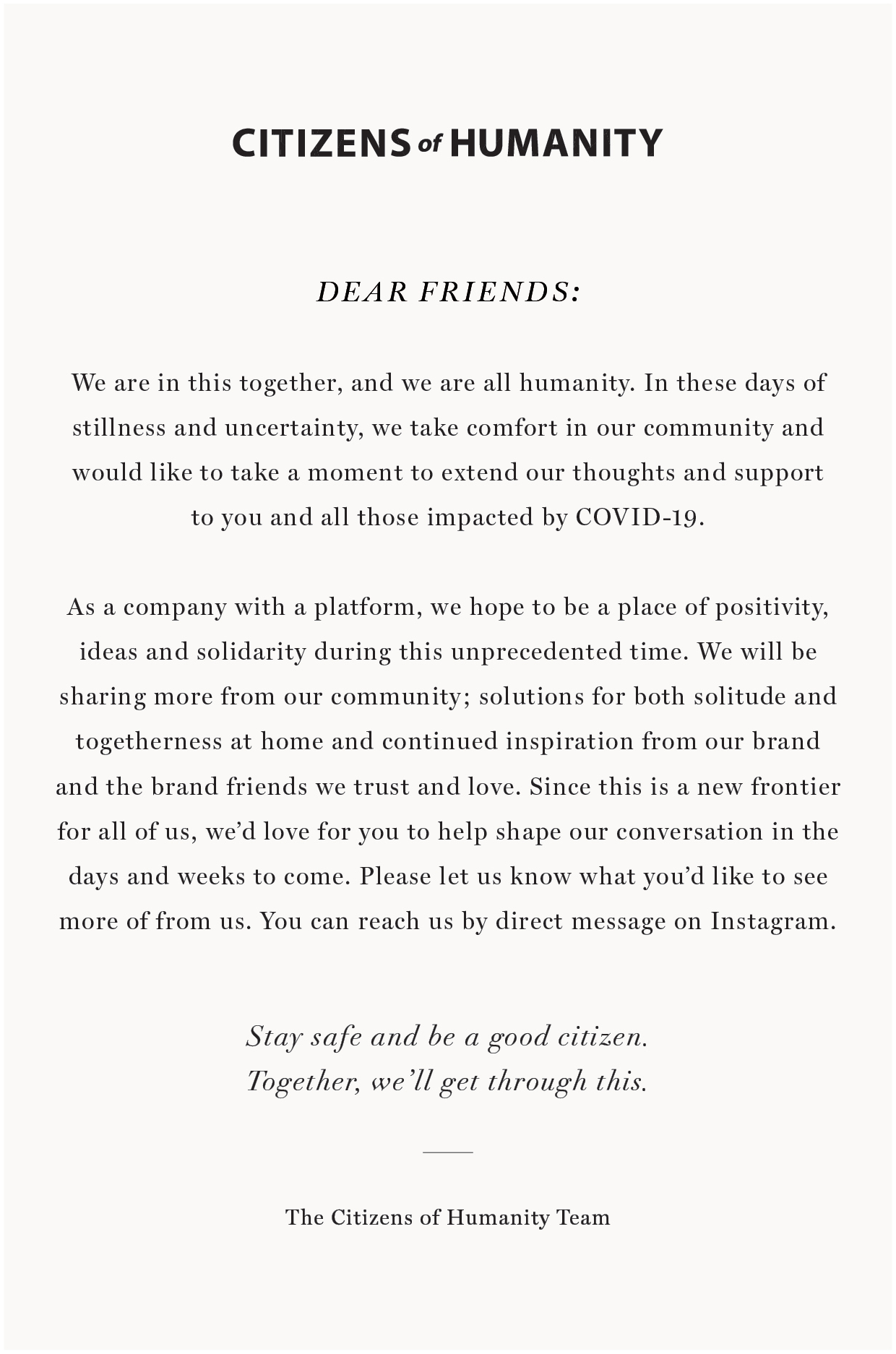 Citizens Of Humanity: A Letter to Our 