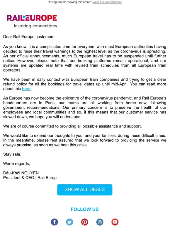 A message from Dâu-Khôi Nguyen, Rail Europe’s CEO