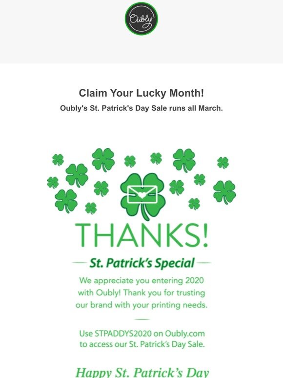 See Green this St. Patrick's Day with Oubly's sale.