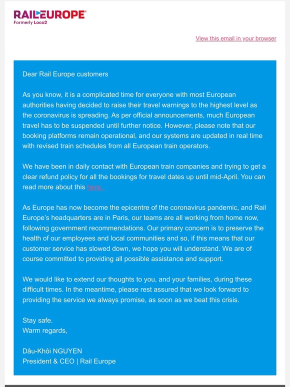A message from  Dâu-Khôi Nguyen, Rail Europe’s CEO