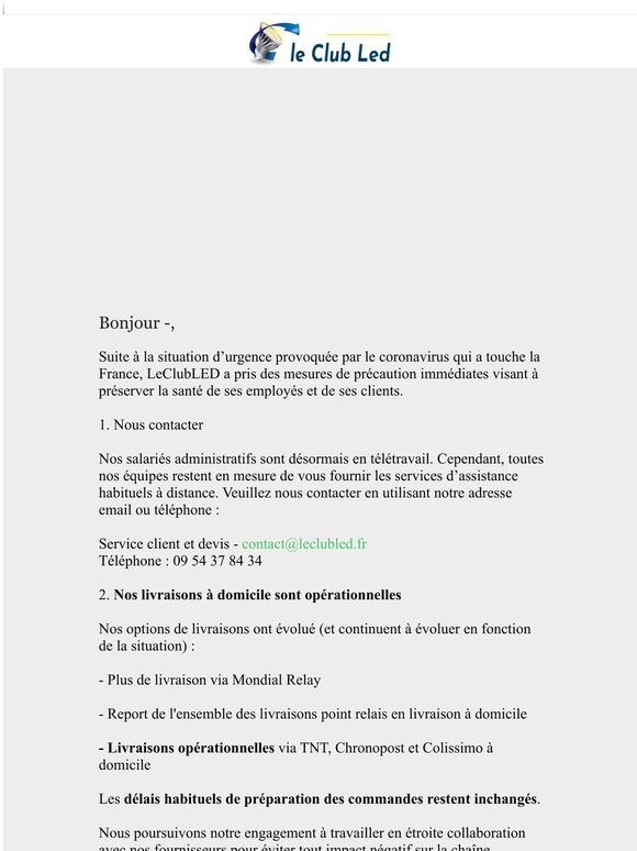 LeClubLED : livraisons à domicile opérationnelles et télétravail