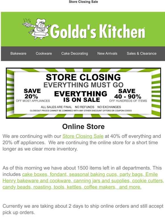 Last Day To Shop In Person, Online Sale Continues at 40% Off.....