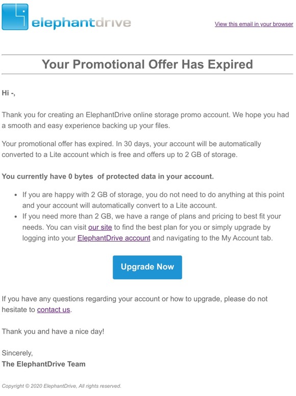 Your ElephantDrive Promo Has Expired!