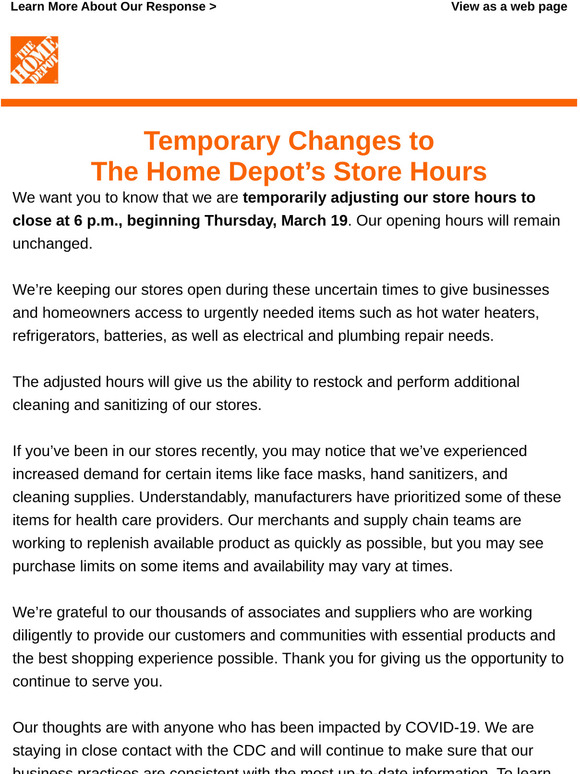 Home Depot Temporary Changes to Our Store Hours Milled