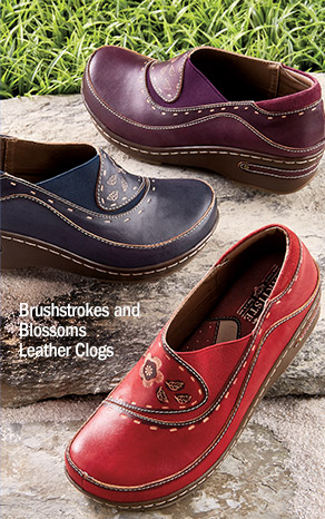 brushstrokes and blossoms leather clogs