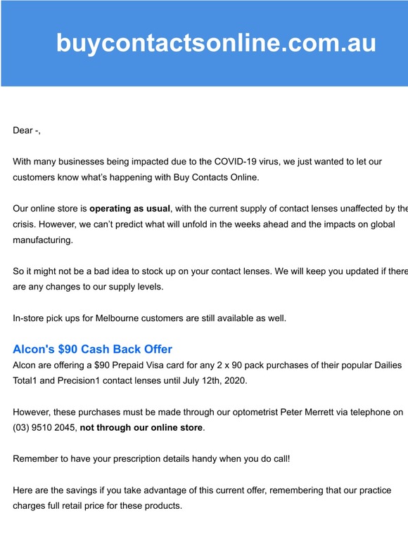 COVID-19 update on contact lens orders + a special $90 cash back offer from Alcon