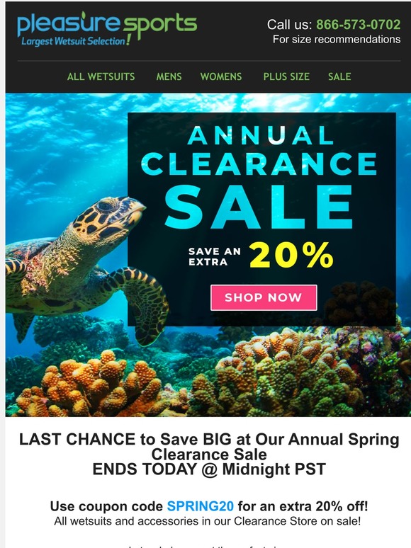 🌻 LAST CHANCE TO SAVE UP TO 80% on Wetsuits and Accessories in our Annual Clearance Sale. EXTRA 20% savings with coupon code SPRING20!! 🌻
