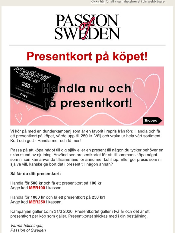 Passion of Sweden: Presentkort värde 250 kr på köpet!  Milled