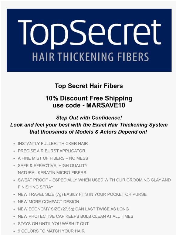 Top Secret Hair Thickening Fibers 10 % Discount