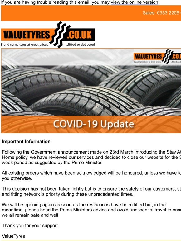Important Closure Information from Value Tyres