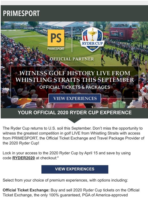 Official 2020 Ryder Cup Experiences with PRIMESPORT