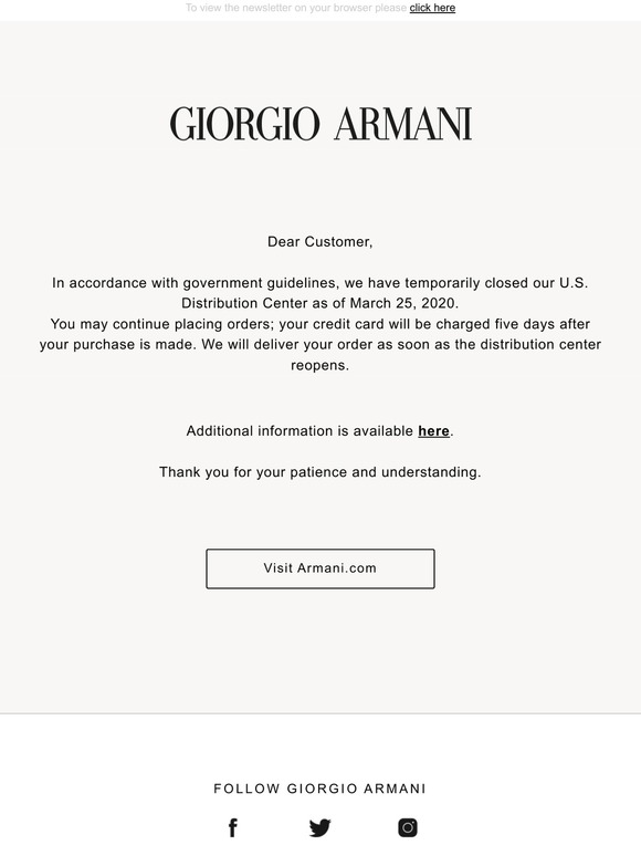 Giorgio Armani Important updates for our online customers Milled