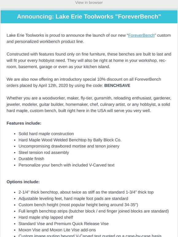 Lake Erie Toolworks Launches New "ForeverBench" Product Line