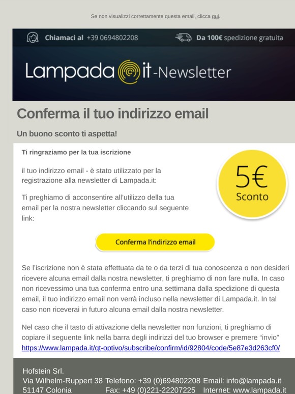 Lampada.it ti regala 5 euro! Iscriviti alla nostra newsletter per ottenere il buono sconto
