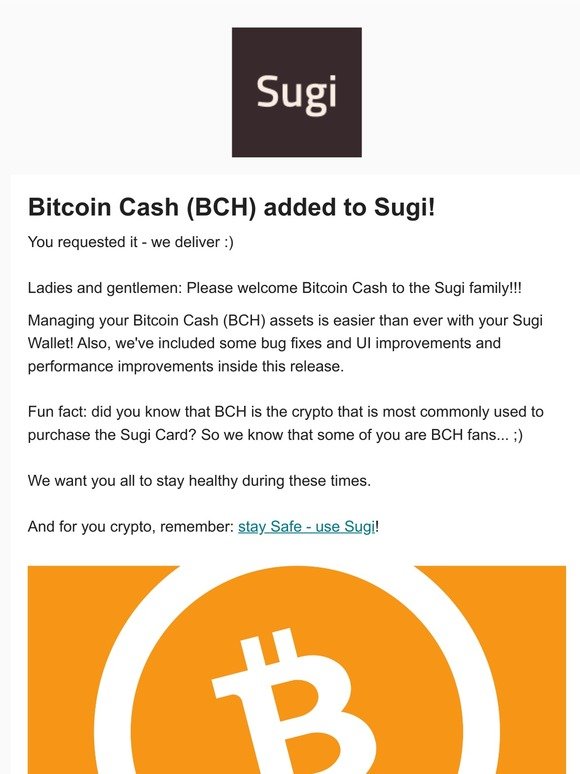 Feature Update - Bitcoin Cash (BCH) added to Sugi