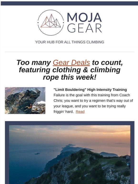 Bouldering Training, Amalfi Coast & El Salto Climbing, and Gear Deals in this week's Climbing Beta