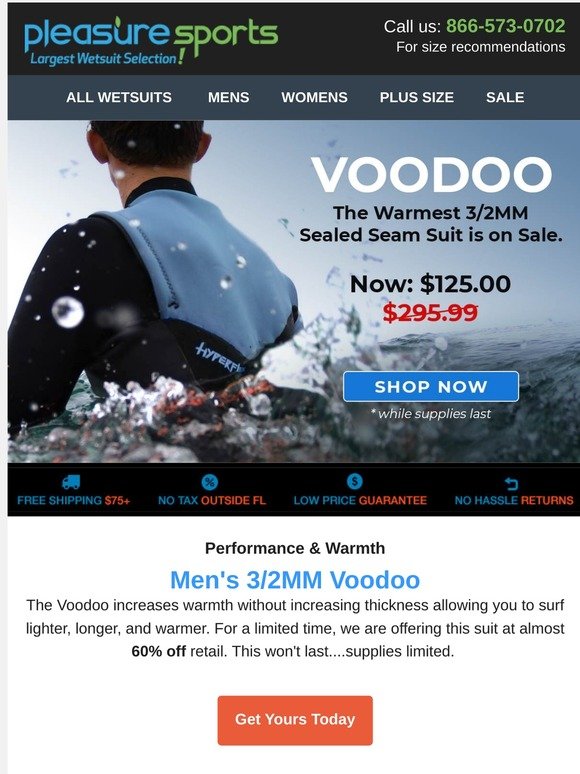 SUPPLIES ARE LIMITED! The Men's 3/2mm VOODOO CZ Fullsuit.  increases warmth and allows you to surf lighter and longer - $125 - an almost 60% savings.