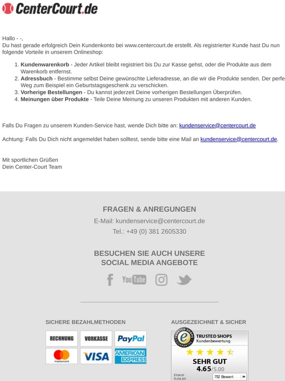 Vielen Dank für Deine Registrierung im www.centercourt.de Online Shop!