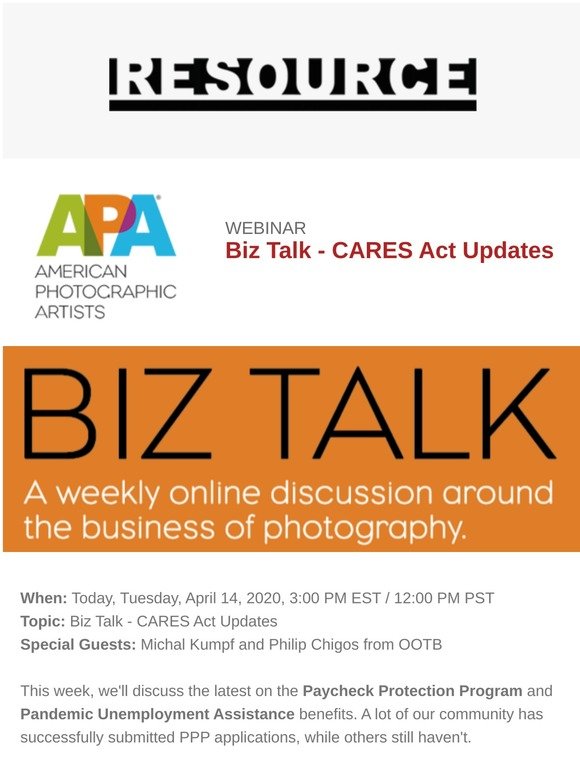 Webinar today - CARES Act Updates for the photography community