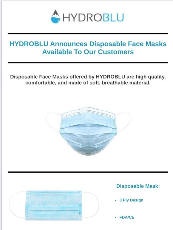Disposable Face Masks From HYDROBLU