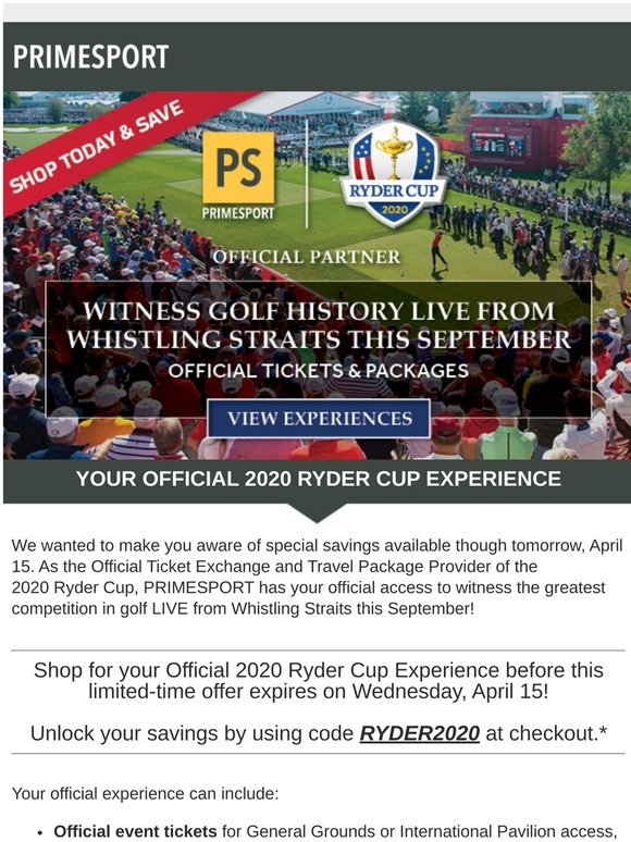 Shop Today And Save: Official 2020 Ryder Cup Experiences