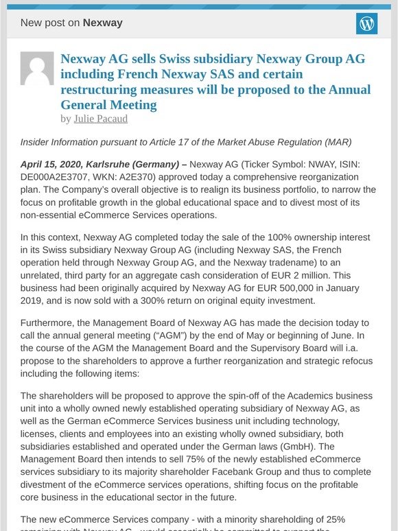 [New post] Nexway AG sells Swiss subsidiary Nexway Group AG including French Nexway SAS and certain restructuring measures will be proposed to the Annual General Meeting