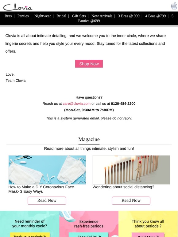 Thanks for signing up for Clovia's newsletter. Stay updated on offers & new releases!