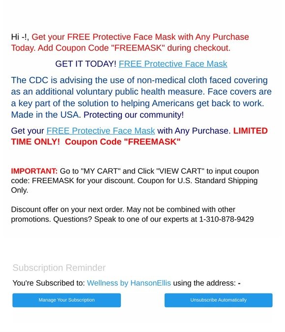 Hello -FREE Protective FACE MASK Covering- Limited Time Offer!