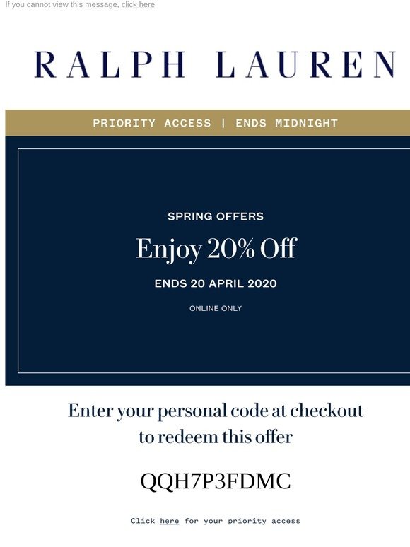 PRIORITY ACCESS ENDS MIDNIGHT | 20% Off Spring Offers