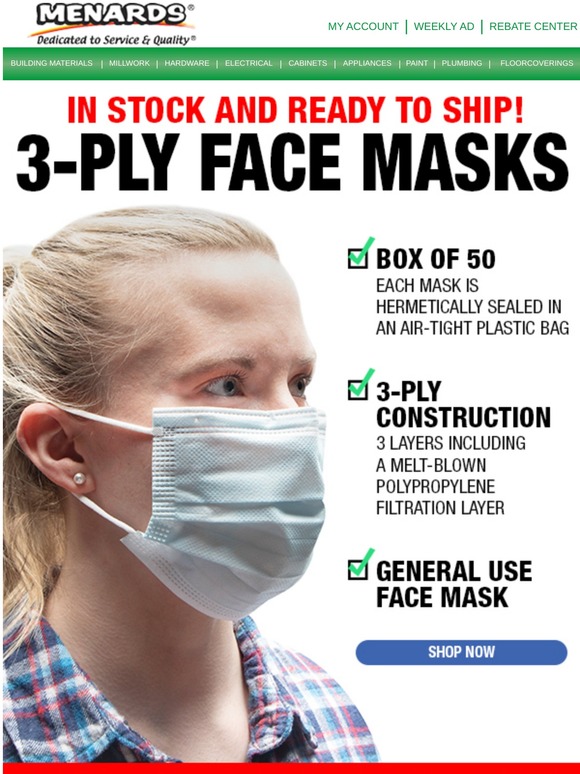 Menards Available Now! 3Ply Face Masks Milled