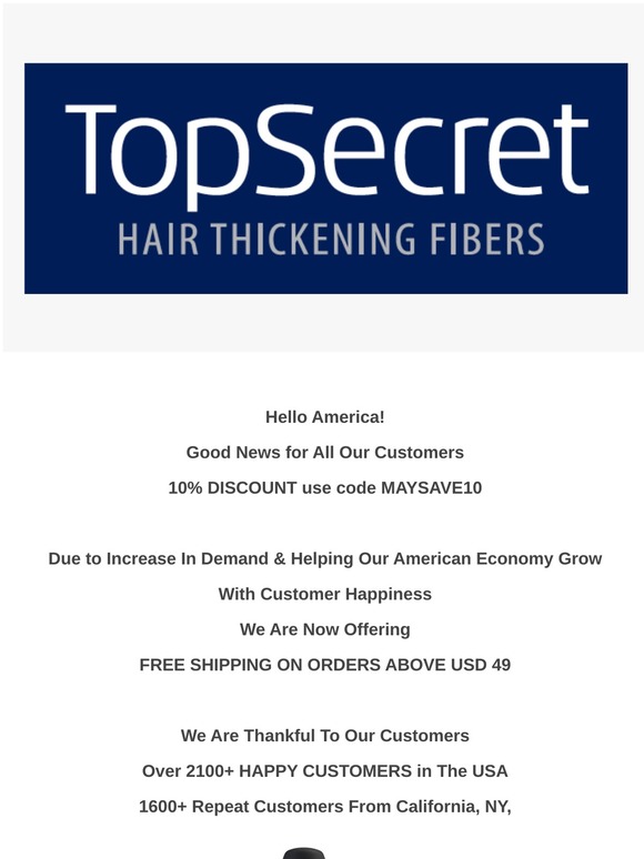 Hello USA - Now Free Shipping + 10% Discount - Top Secret Hair Thickening Fibers