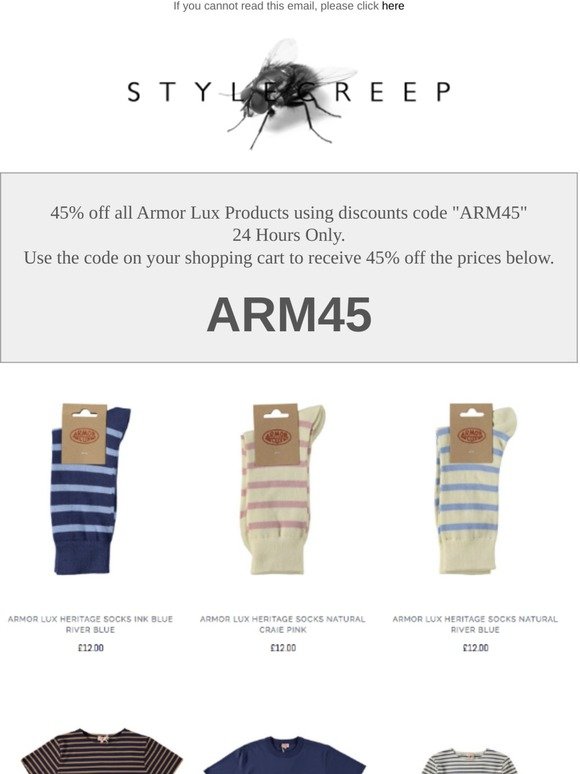 45% off all Armor Lux - 24 Hours Only. Discount Code ARM45 @Stylecreep