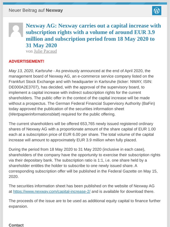 [Neuer Eintrag] Nexway AG: Nexway carries out a capital increase with subscription rights with a volume of around EUR 3.9 million and subscription period from 18 May 2020 to 31 May 2020