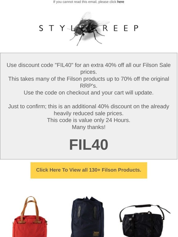 Up to 70% off all Filson - 24 Hours Only. Discount Code FIL40 @Stylecreep