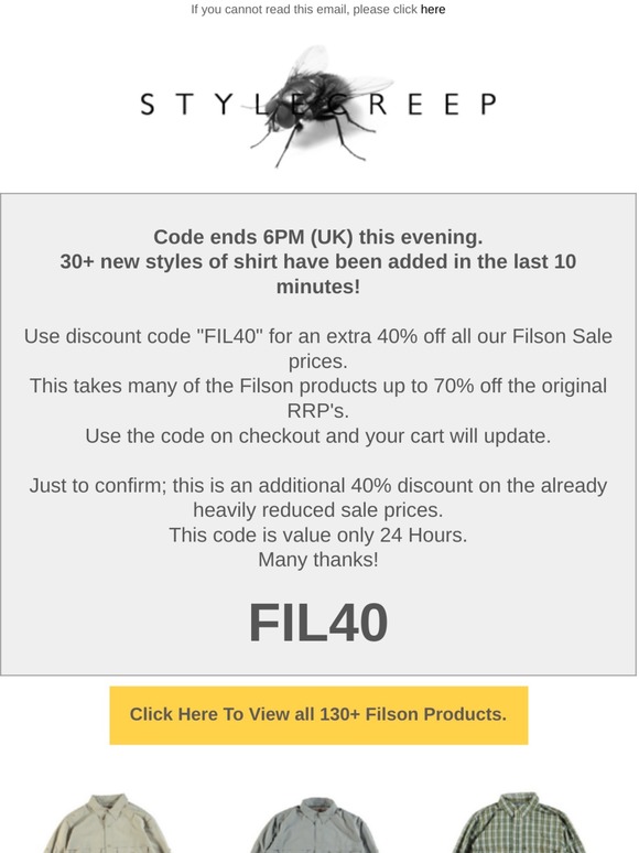 New shirts added; Up to 70% off all Filson - Ends 6pm. Code FIL40 @Stylecreep