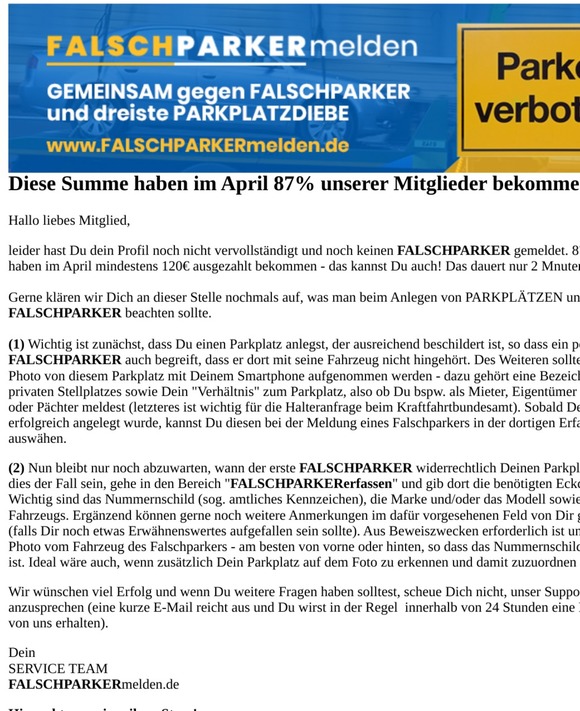 Sie haben erfolgreich 3 FALSCHPARKER gemeldet und bekommen 120!