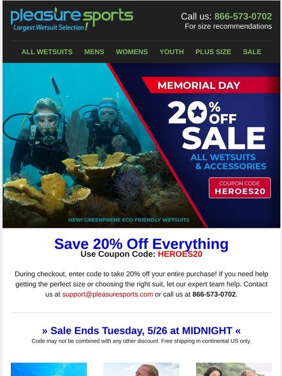 MEMORIAL DAY SALE - 20% off WETSUITS & ACCESSORIES