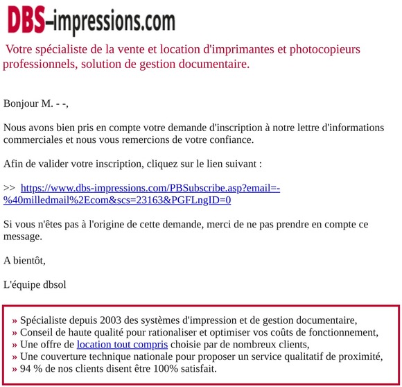 Newsletter - Confirmation d'abonnement pour dbs-impressions.com