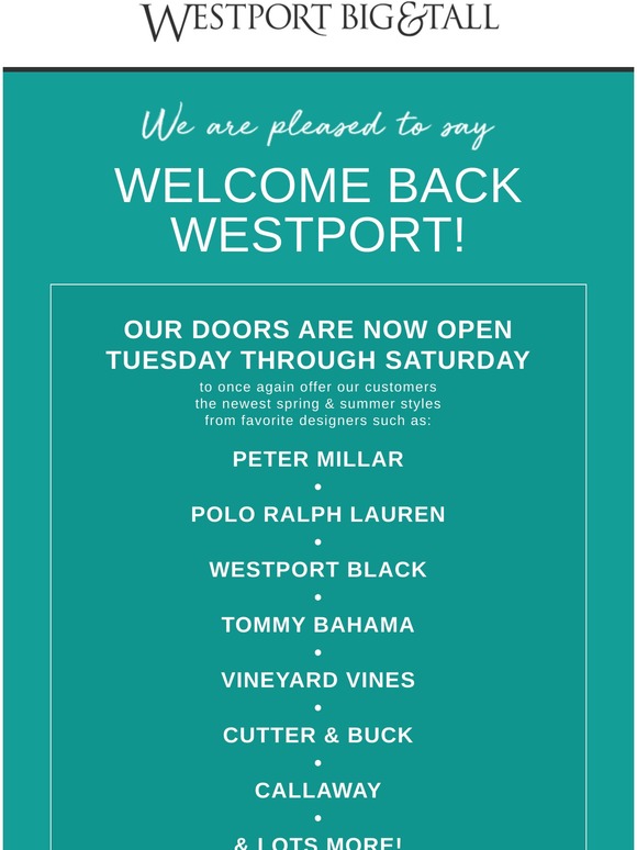 Westport Big and Tall Back Westport! Milled