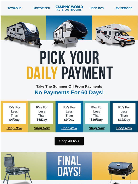 Camping World RVs For Less Than 4/Day—PICK YOUR PAYMENT Milled