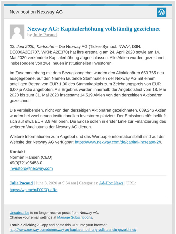 [New post] Nexway AG: Kapitalerhöhung vollständig gezeichnet