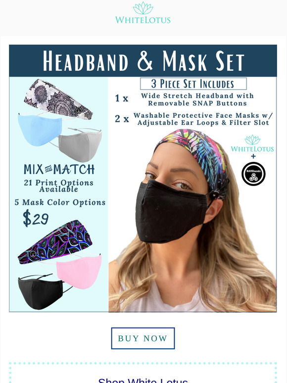White Lotus & RAVEbandz Collaboration! Headband w/Buttons & Mask Set
