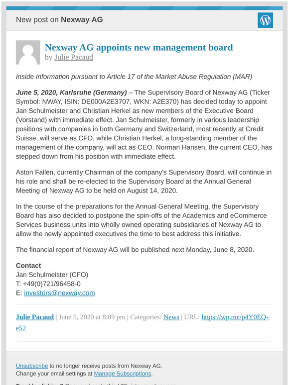 [New post] Nexway AG appoints new management board