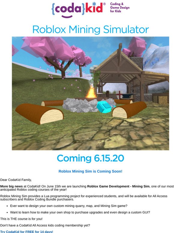 Codakid Announcement Roblox Mining Sim Is Coming On 6 15 20 Milled - codakid game development with roblox 1