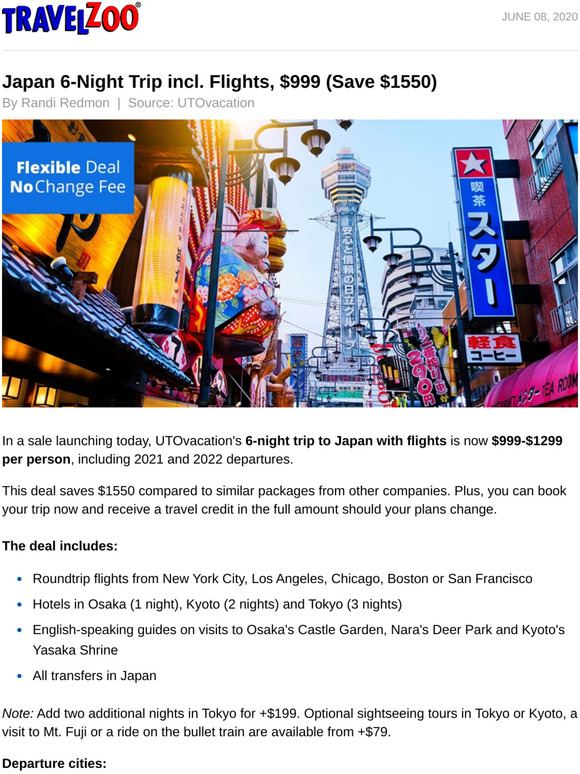 Travelzoo Japan 6Night Trip incl. Flights, 999 (Save 1550) Milled